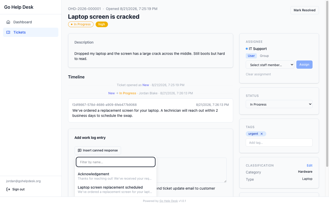 Canned response picker in the reply composer